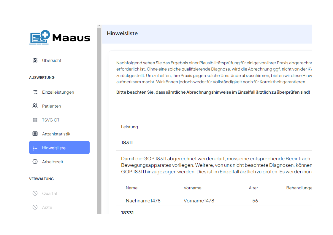 MAAUS Hinweisliste Screenshot